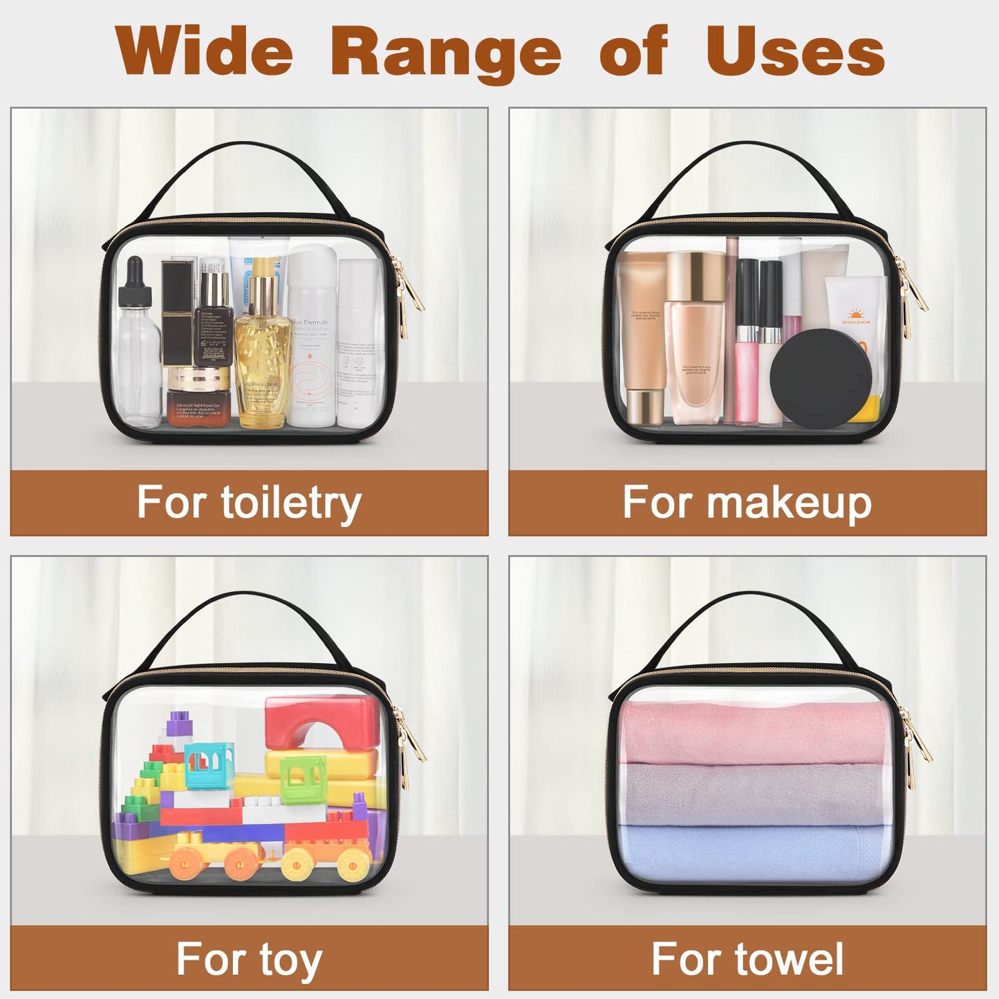 Wedama Clear Toiletry Bag, 2 Pack Clear Makeup Bags with Handles, Large Travel Bags PVC Cosmetic Bag for Women and Men, Carry on Airport Airline Compliant Bag, Black