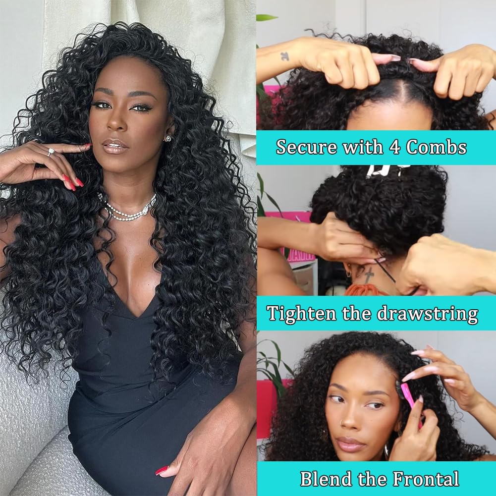 MARYLING Deep Water Wave Half Wig 3 In 1 Wear and Go Headband Wig Drawstring Seamless Flip Over Deep Curly Half Wigs Beginner Friendly Synthetic Half Wig for Black Women Natural Black 26 Inch