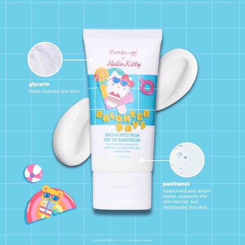 The Crème Shop x Hello Kitty Sunny Days Broad Spectrum SPF 50 Sunscreen, Korean Inspired Facial Sunscreen, 80-minute Water Resistant, with Panthenol and Glycerin to help Hydrate, No White Cast