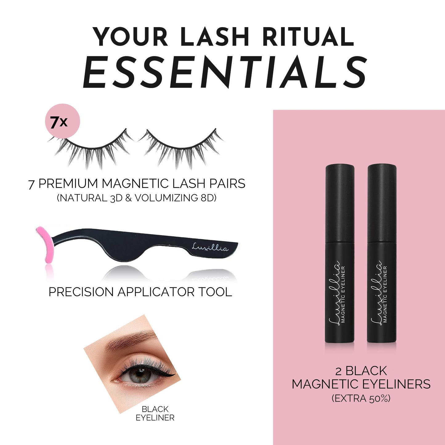 Luxillia 10-Piece Magnetic Eyelashes with Applicator & Magnetic Eyeliner Kit – Reusable Natural Magnetic Lashes – Easy Apply Lash Kit for Beginners – Waterproof, Short & Dramatic Looks