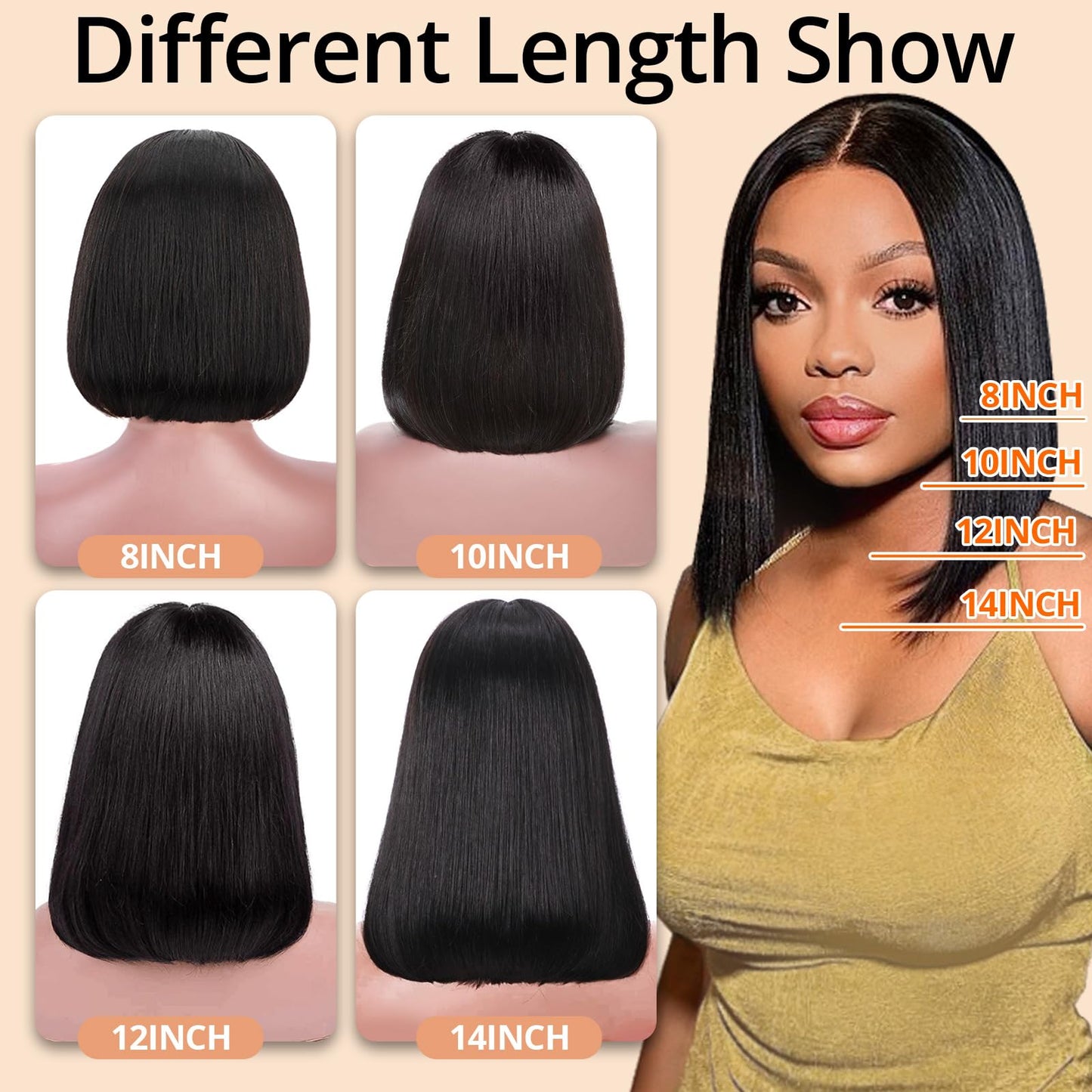 Bob Wig Human Hair Glueless Wigs Pre Plucked Pre Cut Bleached Invisible Knots 180% Density Short Straight Wigs for Black Women Bob Wigs Glueless Lace Front Wigs Human Hair with Elastic Band 10 Inch