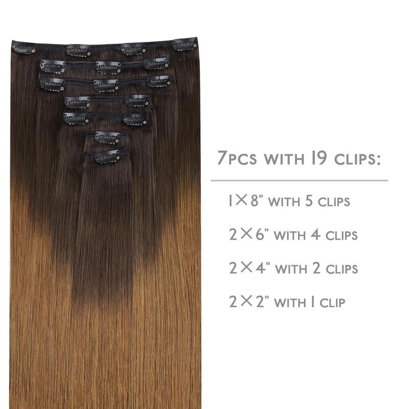 WENNALIFE Clip in Hair Extensions Real Human Hair, 12 Inch 80g 7pcs Remy Hair, Ombre Dark Brown to Light Chestnut Brown Straight Natural Extensiones De Cabello Humano Con Clip Ins