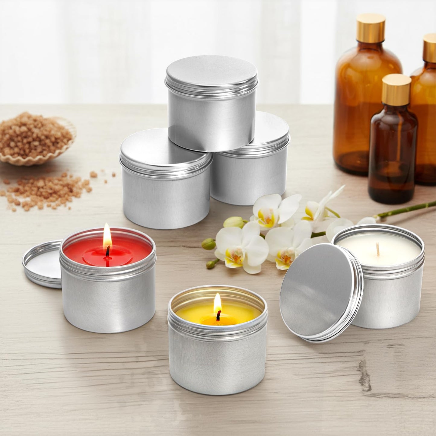 Foraineam 24 Pack 4 oz. Round Tin Cans Hair Wax Cream Lip Balm Cosmetic Sample Container Jars Candle Tea Spice Empty Travel Tins with Screw Lid
