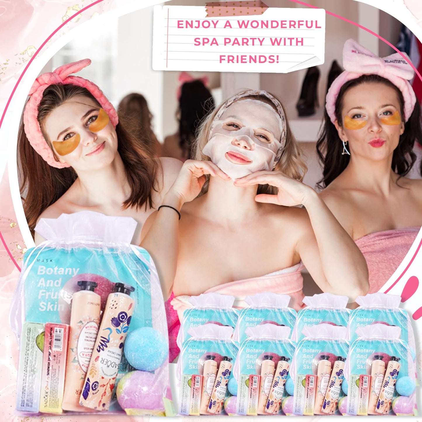 108 Piece Girls Spa Party Supplies Set , Face Masks, Hand Creams, Eye Patches, Bath Bombs, Lip Balms, 12 Person Kit