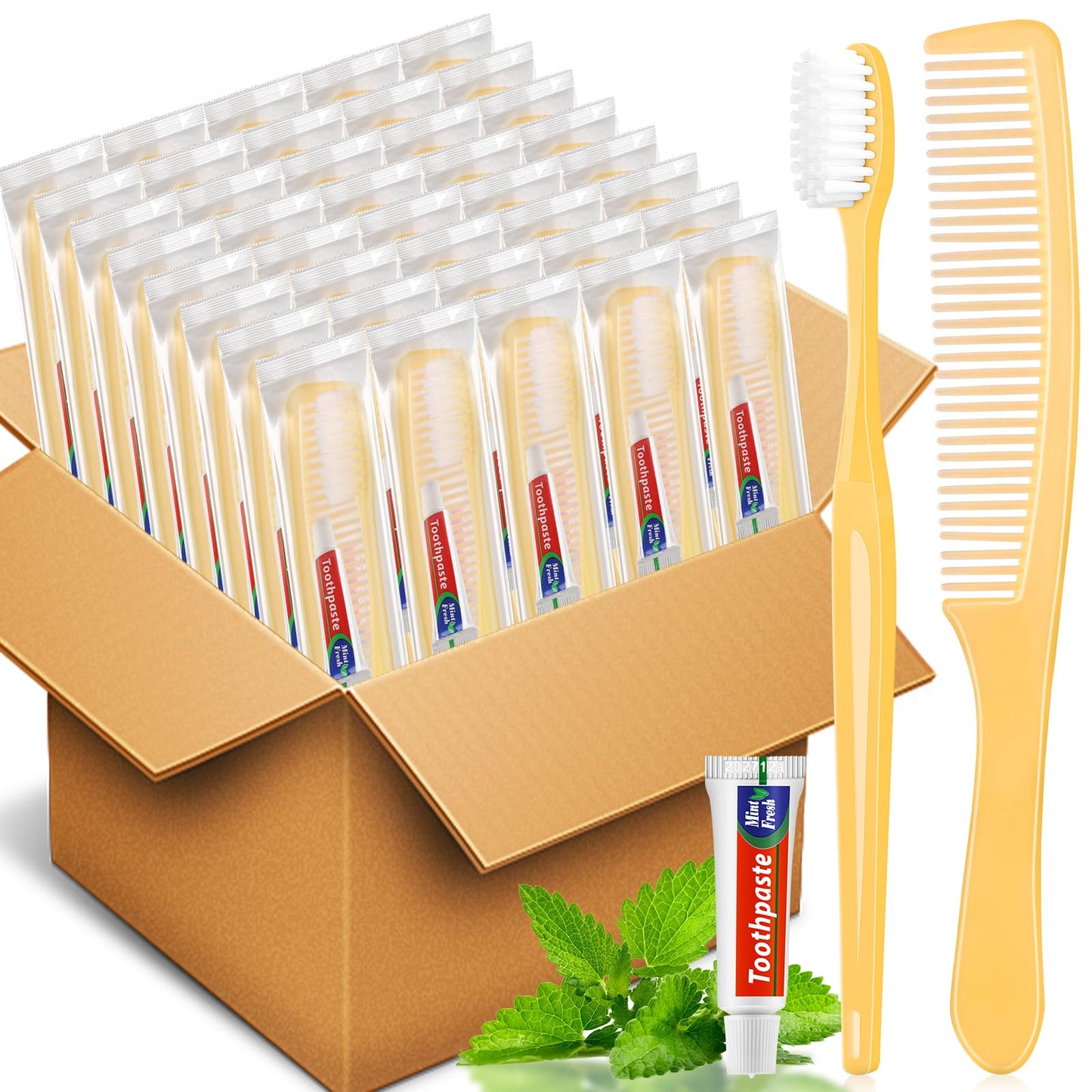 NICEMOVIC 100 Pack Disposable Travel Toothbrushes Bulk with Toothpaste and Comb Travel Size Toothpaste Set Homeless Care Package Supplies for Bulk Individually Wrapped Disposable Hotel Charity, Yellow