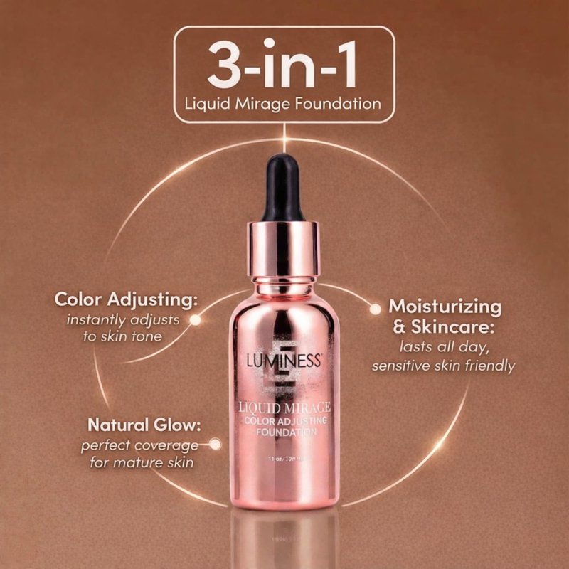 LUMINESS Liquid Mirage Color Changing Foundation for Mature Skin, Skincare-Infused Makeup with Hyaluronic Acid & Vitamin E, Hydrating Liquid Foundation & Concealer Hybrid, Hypoallergenic (Light)