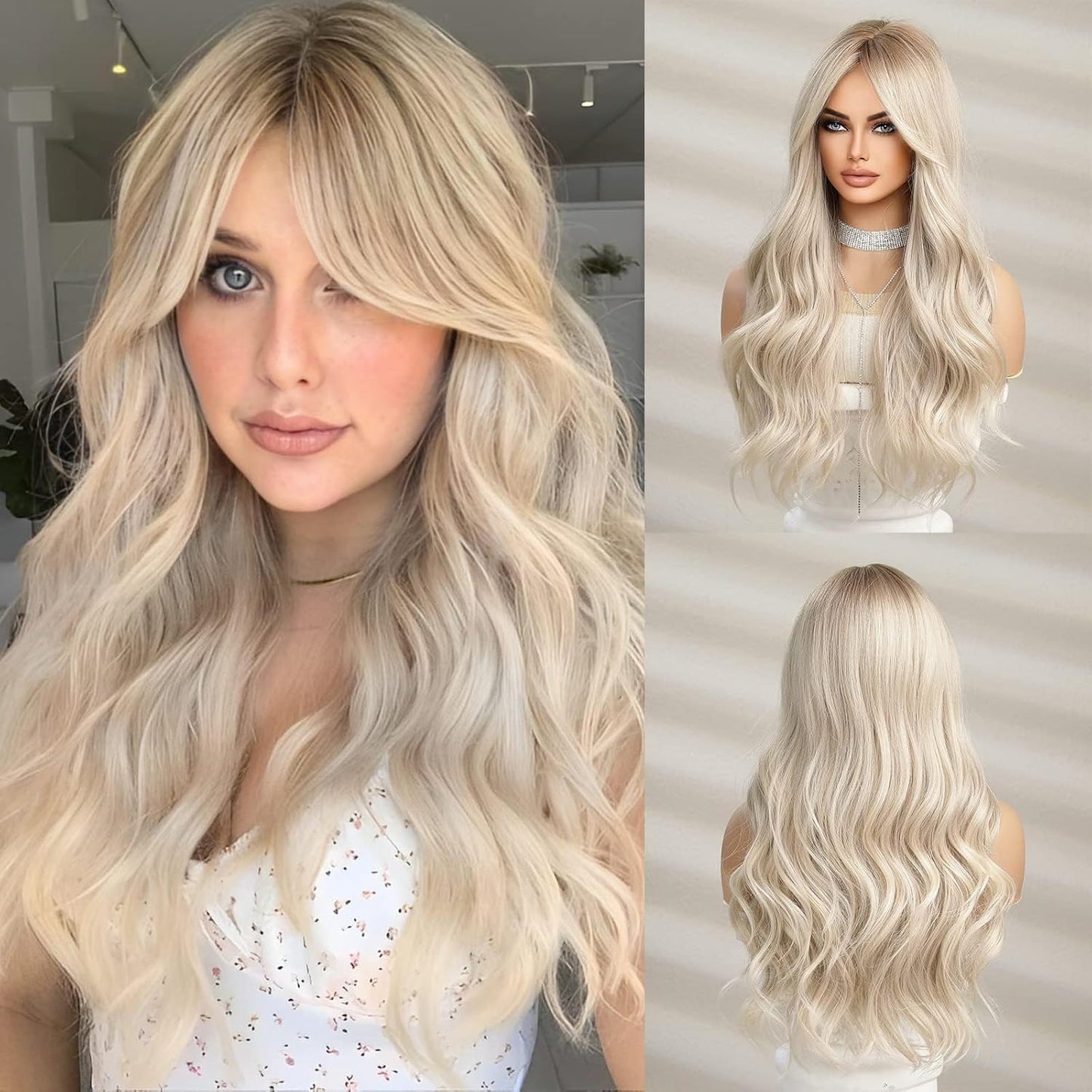 Platinum Blonde Wig With Bangs - Long Ombre Wig For Women | Heat Resistant, Natural Look