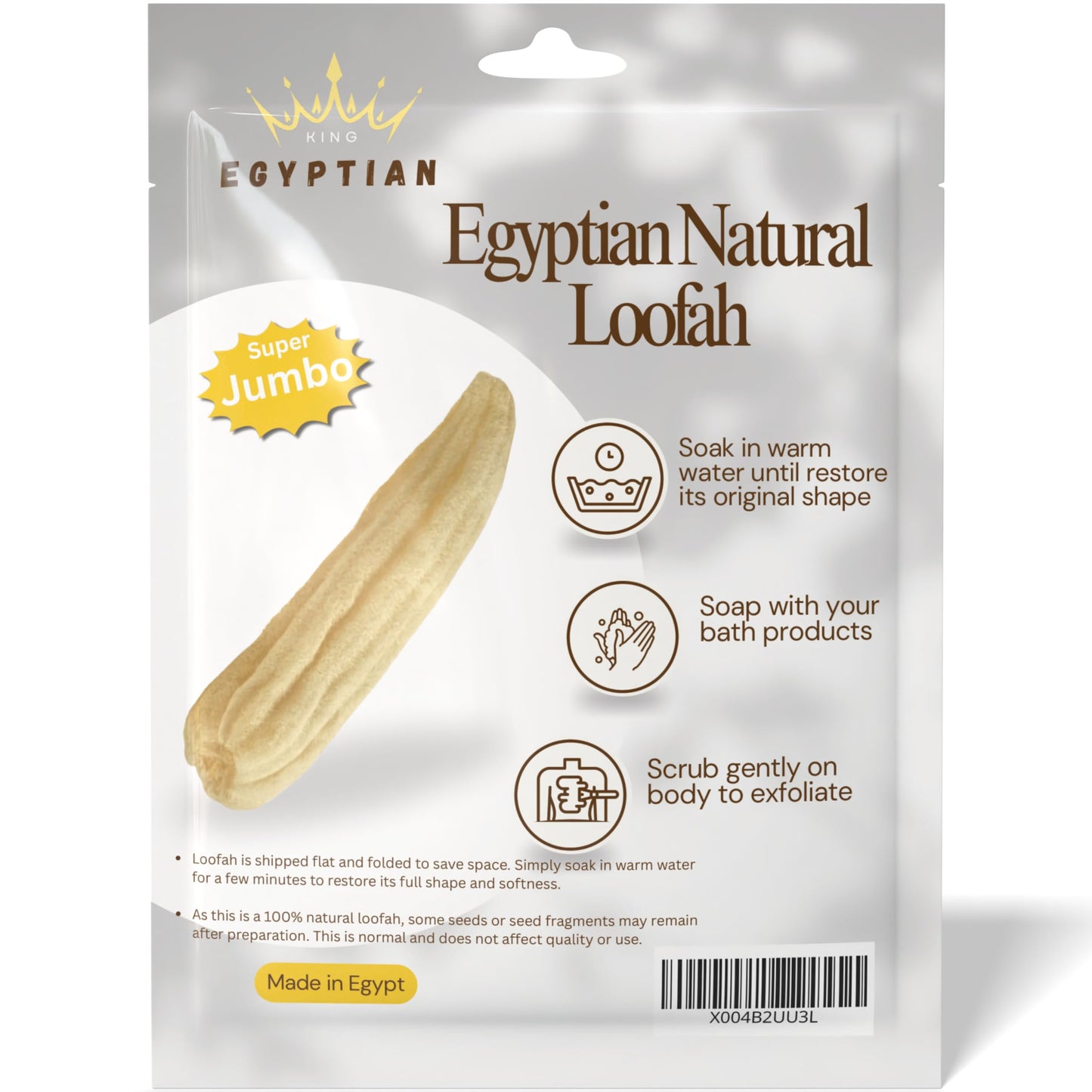 Whole Egyptian Loofah100% Natural Organic Loofah Exfoliating Scrubber for Shower, Natural Loofah Sponge Body Scrubber, for Men and Women (Super Jumbo 26"" - 30""), Cream White