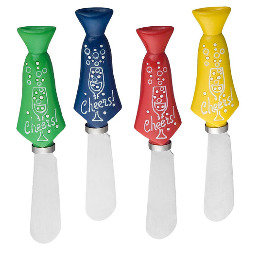Wine Things Tie Cheese Spreaders, Hand-Painted Resin Handles with Stainless Steel Blades for Spreading Cream Cheese, Butter, Jam, or Sandwich, Assorted Colors, Set of 4