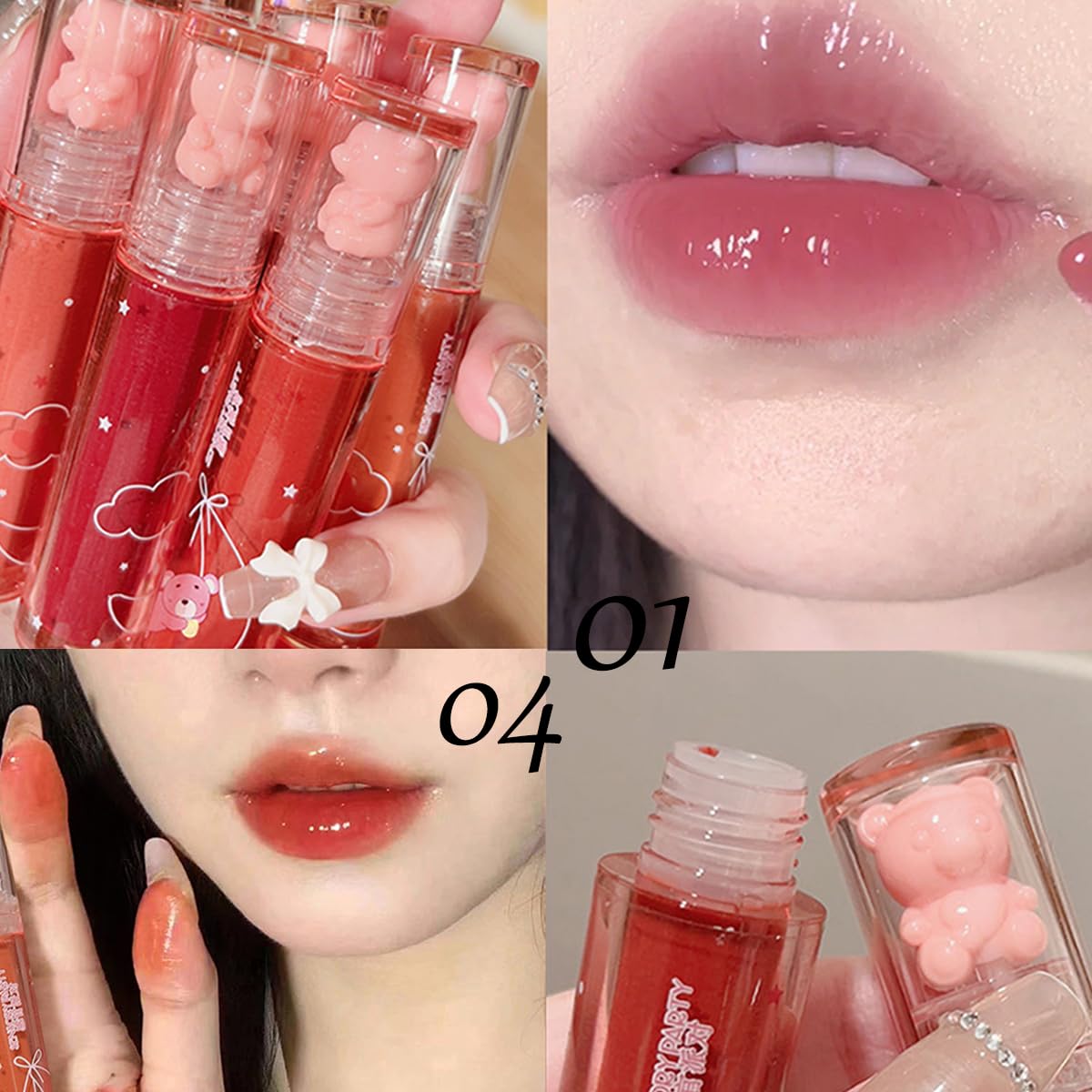 Baorder 4Pcs Bear Lip Glaze Hydrating Jelly Lip Gloss,Jelly Liquid Lipstick Cute Bear Lipgloss Moisturizing Lip Stain Plumping Water Lip Gloss Waterproof Long Lasting Cheek Rouge Tint Makeup (4, A)