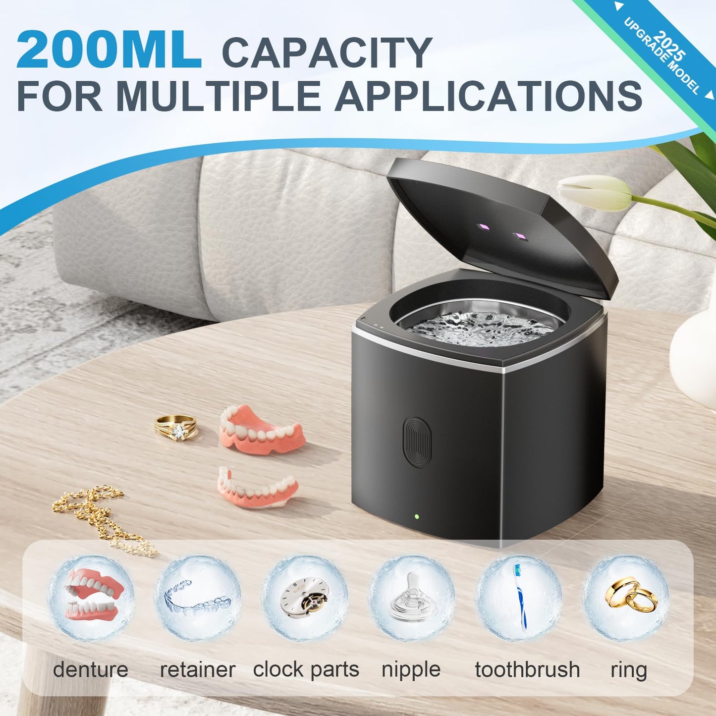 Ultrasonic Retainer Cleaner for Dentures - Sonic Denture Cleaner Machine for Mouth Guard Retainer Washer Sliver Jewelry Ring Brace Toothbrush Head Jewelry 43kHz Dental Tools Black
