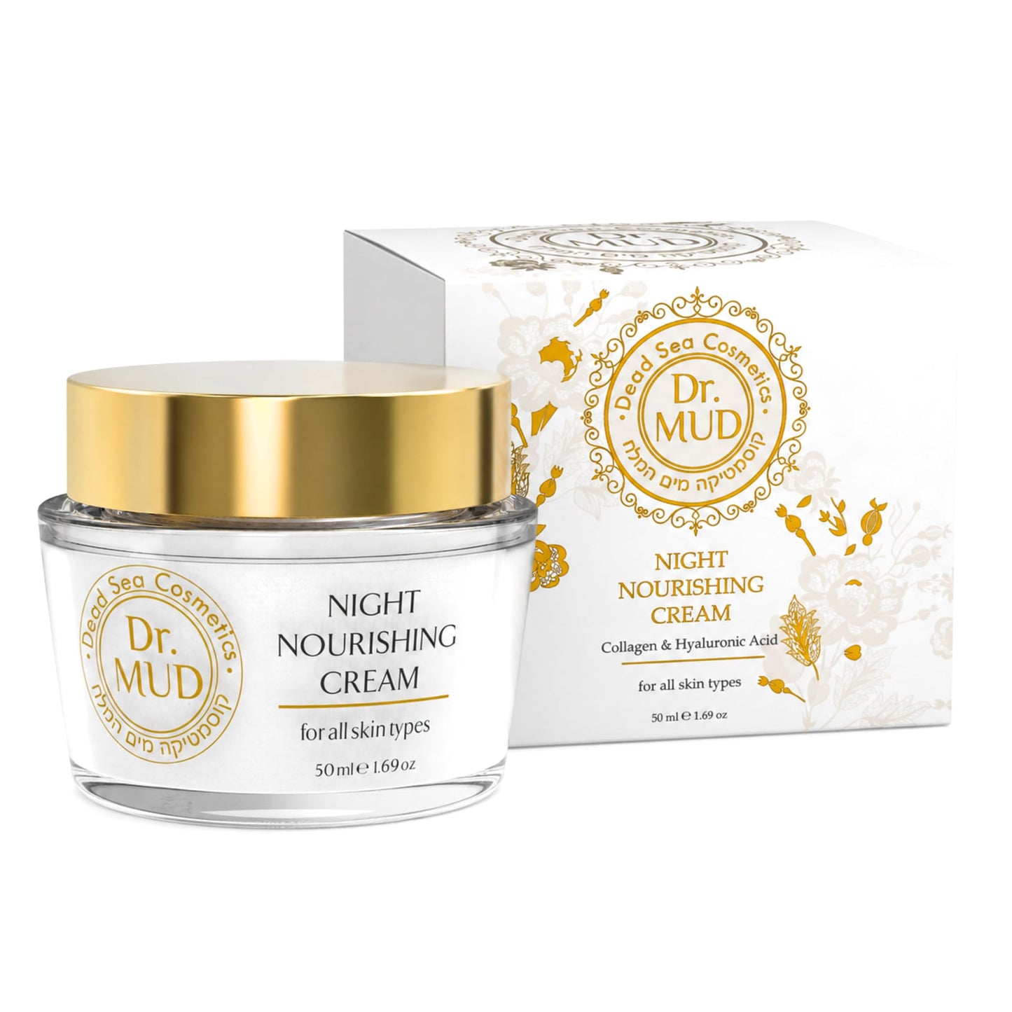 Dr.MUD Night Nourishing Cream for Face with Dead Sea Minerals, Hyaluronic Acid, Collagen, Vitamin E, Green Tea, Avocado Oil & Aloe Vera, Rich Overnight Moisturizer for All Skin Types, 50 ml