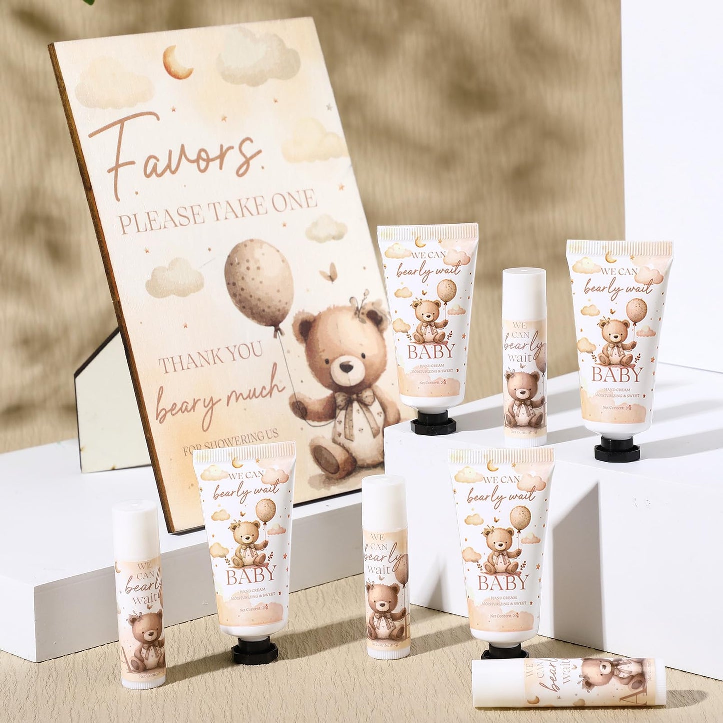 Dansib 30 Set Gender Reveal Gifts for Guests 30 Pcs Bear Baby Shower Hand Cream and 30 Pcs Lip Balm with 1 Wooden Stand for Guests Baby Shower Prizes Party Favors Gender Reveal Souvenirs
