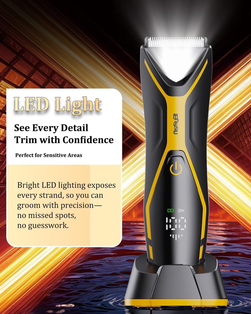 Electric Body Hair Trimmer for Men - Type-C Rechargeable Groin Groomer with LED Light | Fast Charge, Black & Yellow