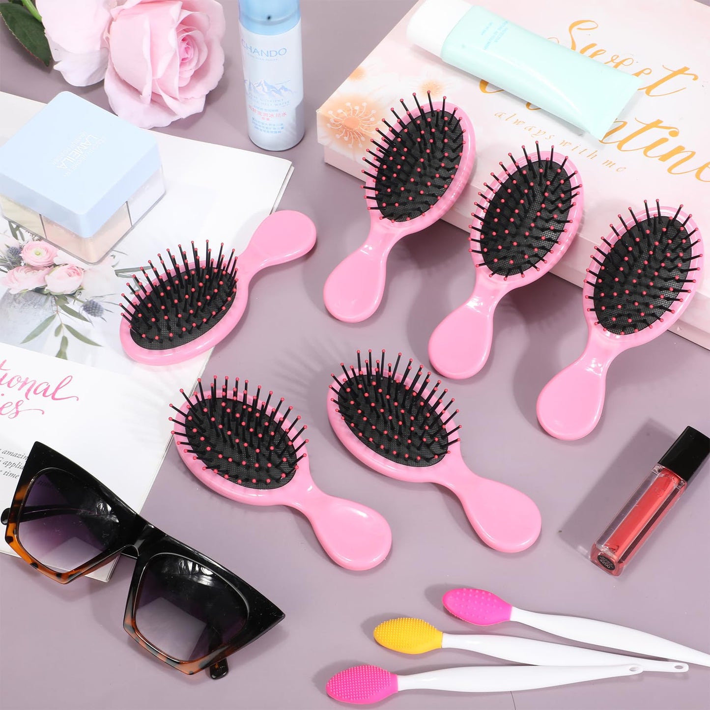 Yoande 36 Packs Mini Detangling Hairbrush Squirt Detangler combs Toddler Soft Bristle Travel Hairbrush Women Girl (Pink)