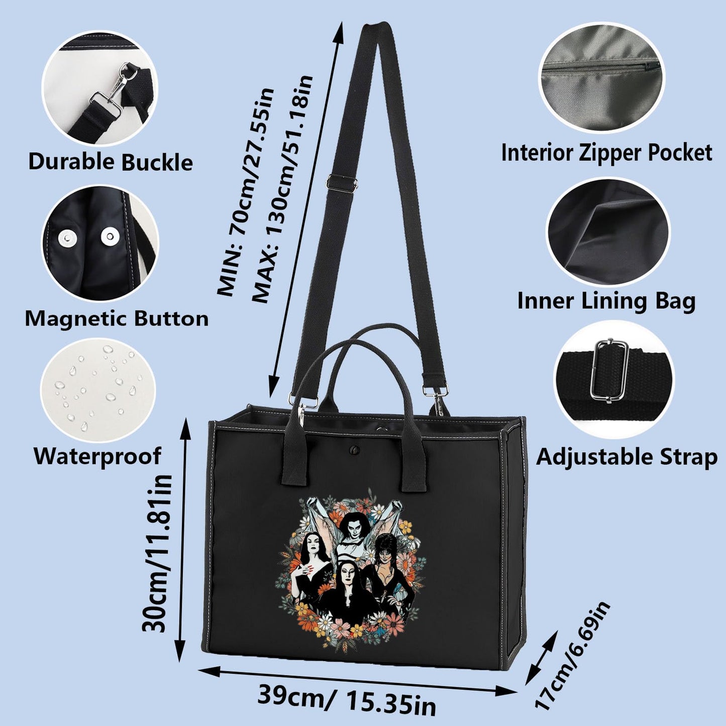 WZMPA Goth Queens With Flowers Cosmetic Bag Lily & Morticia & Vampira Fans Gifts Ghoul Gang Makeup Zipper Pouch Bag (Goth Queens TB-BL)