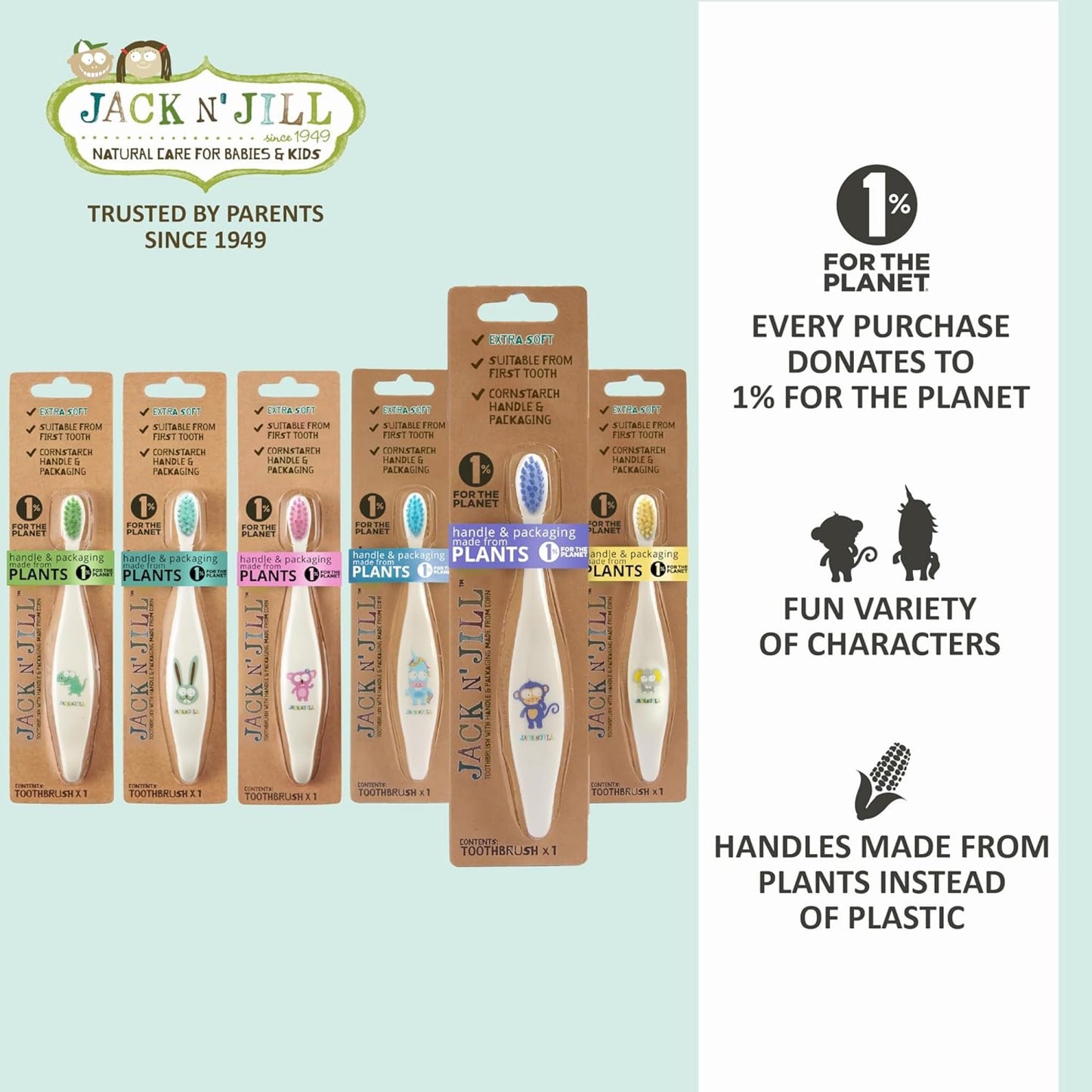 Jack N' Jill Baby & Toddler Toothbrush - Non Toxic Kids Toothbrush, Extra Soft Bristles, Suitable from First Tooth, Plant-Based Handle, for Girls & Boys - Assorted Characters (4 Pack)