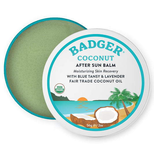 Badger Coconut AfterSun Balm, 100% Organic Soothing Sunburn Relief, Great Smelling, Moisturizing & Hydrating After Sun Skin Care, 2 oz Tin