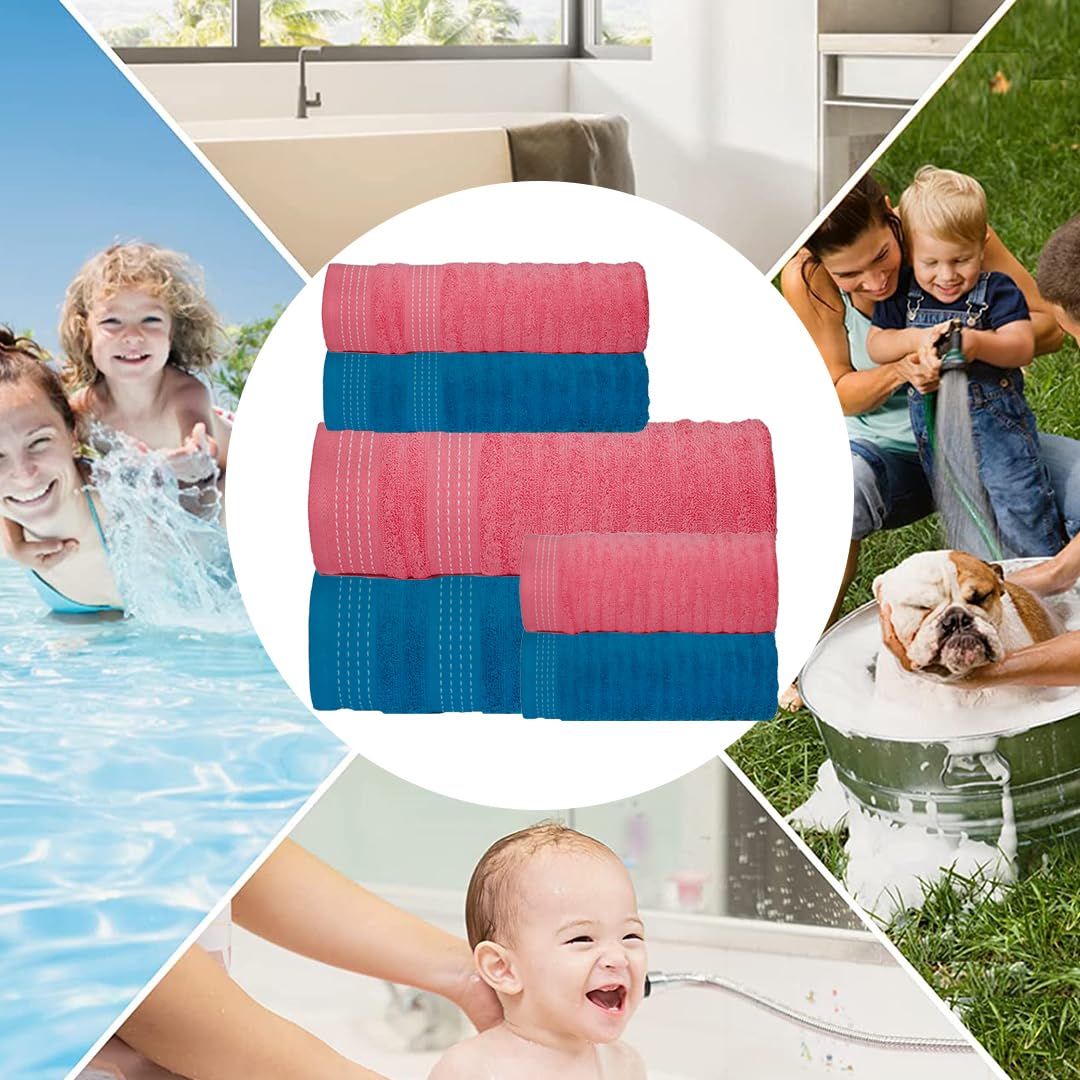 CASA COPENHAGEN Elegance Collection Towels 550 GSM 2 Bath Towel 2 Hand Towel 2 Washcloths, Super Soft Egyptian Cotton 6 Towels Set for Bathroom, Kitchen & Shower - Teal + Pink