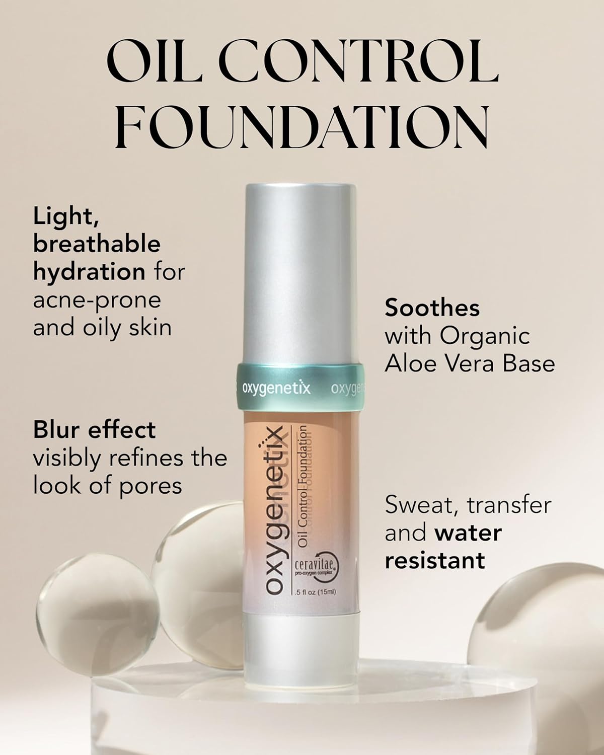 Oxygenetix Oil Control Foundation - Lightweight, Breathable Makeup for Oily Skin | Non-Comedogenic Coverage in Beige