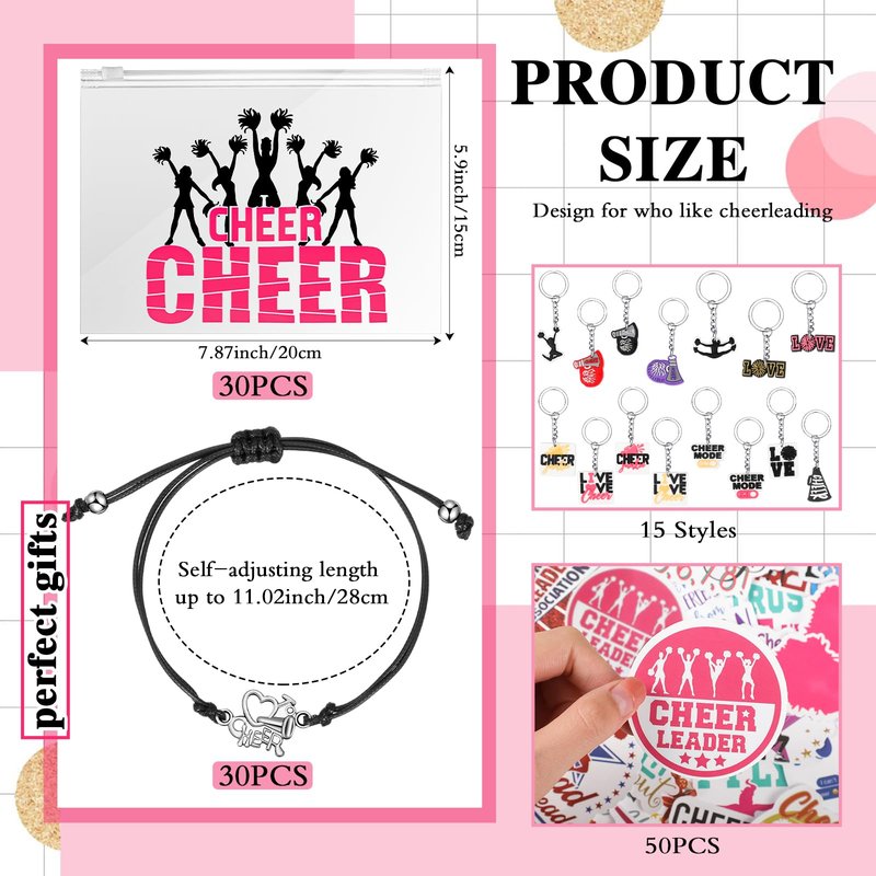 Huquary 91 Pcs Gifts for Cheerleader Cheer Gifts Bulk Cheer Makeup Bag & Keychain & Bracelet & Waterproof Stickers for Women Girls Teammates Gift Team(Black)