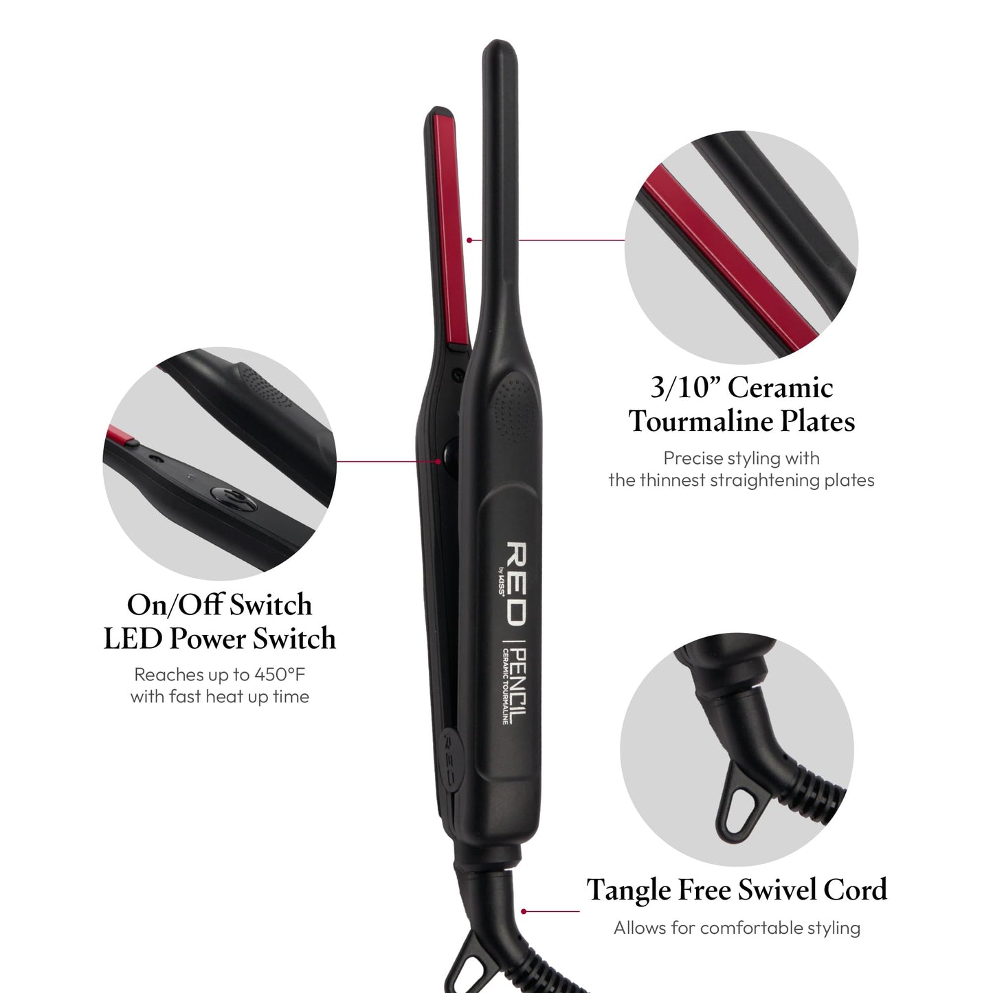 Red by Kiss Pencil Flat Iron, 0.3 Inch Tourmaline Ceramic Mini Hair Straightener, Up to 450°F for Short to Medium Hair, Pixie Cuts, Bangs & Edges, Includes Travel Pouch & Heat-Resistant Glove