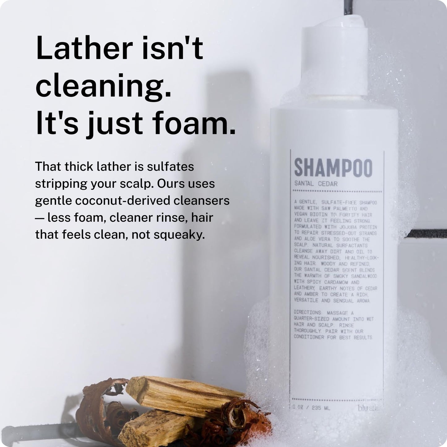 Blu Atlas Natural Shampoo for Men — Sulfate-Free for All Hair Types, 15 Ingredients, No Filler, Helps with Dandruff and Dry Scalp — Santal Cedar Scent, 8 oz