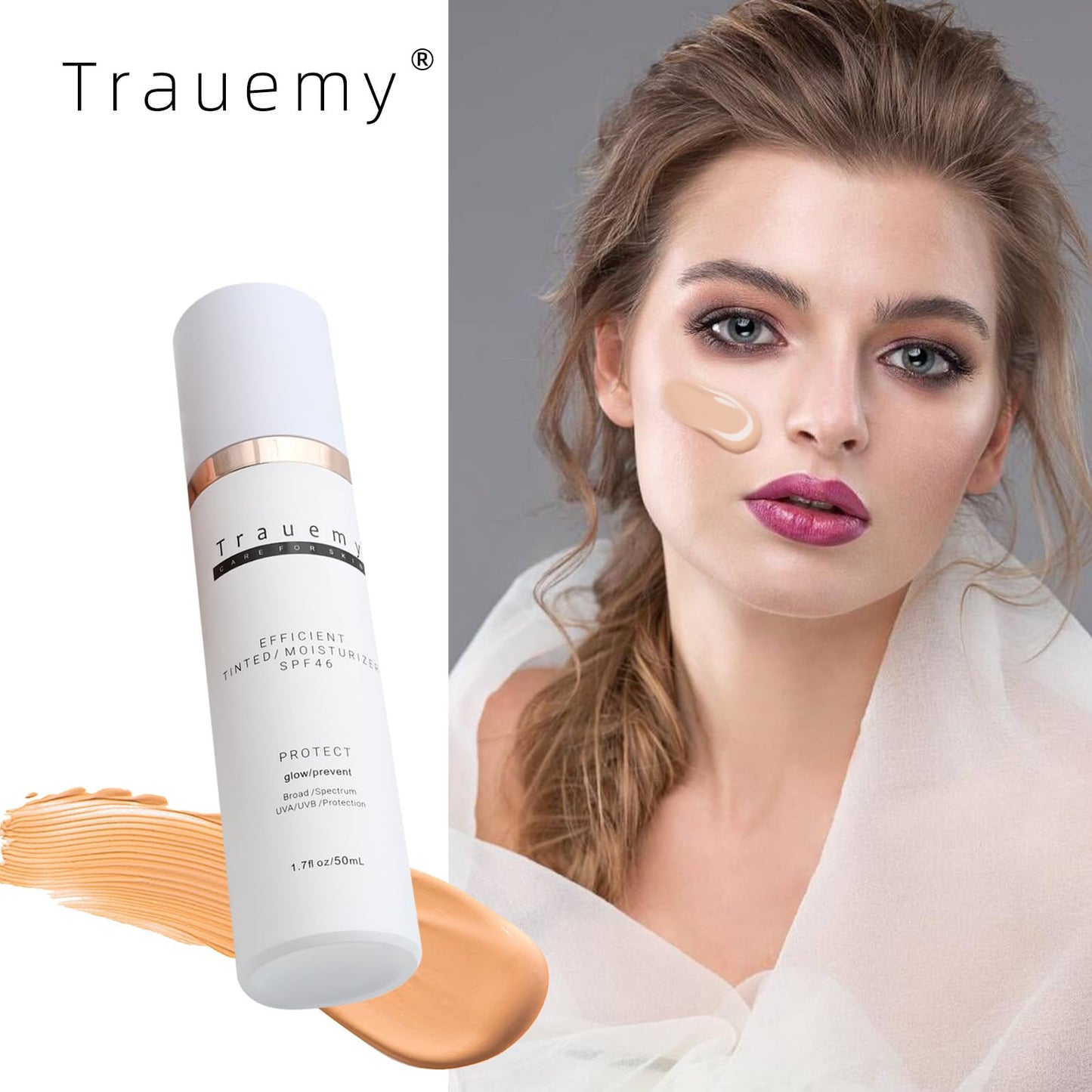 trauemy Anti-Aging Tinted Face Moisturizer Sunscreen SPF 46 & Hydrating Skin Care & Face Moisturizer - Chemical BB Cream, Water-Resistant-Dewy (Deay-2pcs)