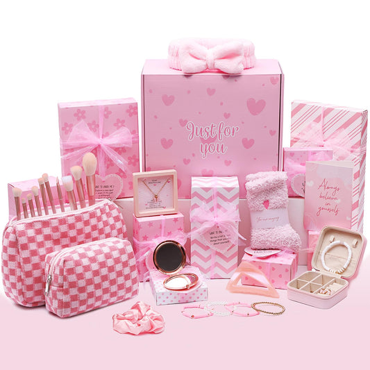 Joyliss Easter Gifts for Tween & Teen Girls, 11PCS Birthday Gifts Basket Teen Girls Gifts Trendy Stuff with Empowering Challenges & Makeup Brushes & Bag, Positive Wrapped Gift Box for Daughter Niece