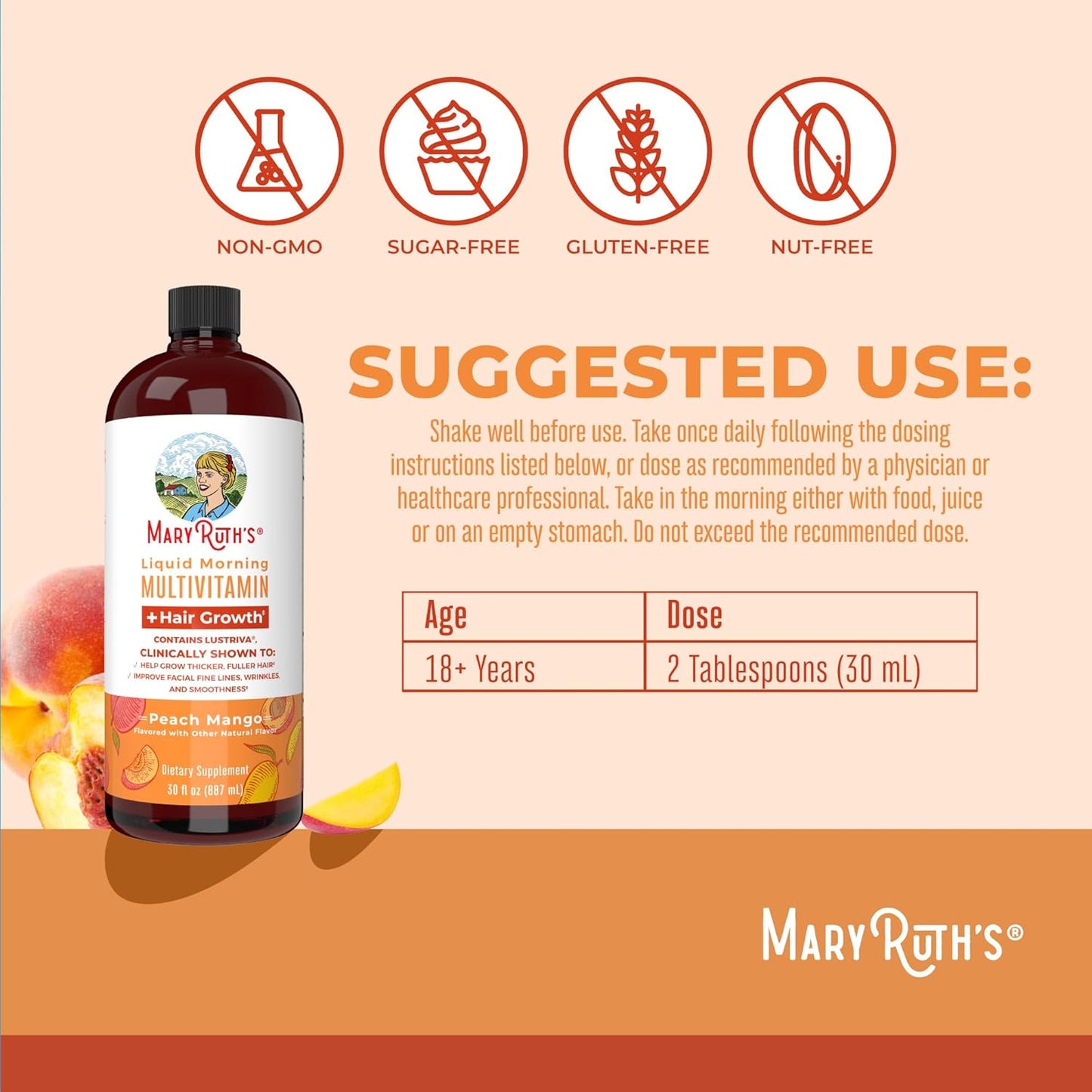 MaryRuth's Liquid Morning Multivitamin - Hair Growth & Iron Supplement | Vegan, Non-GMO, 30oz