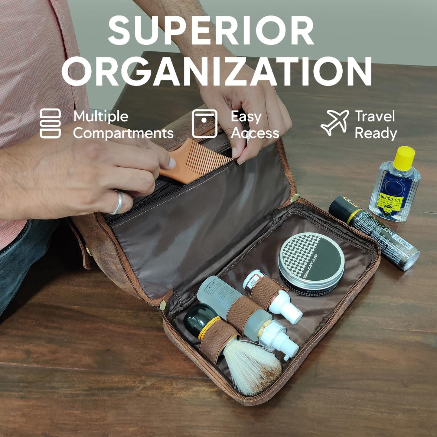 RUSTIC TOWN Leather Toiletry Bag for Men - Travel Shaving Ditty Kit - Bathroom Shower Toiletries Organizer - Cosmetic Makeup Bag for Women