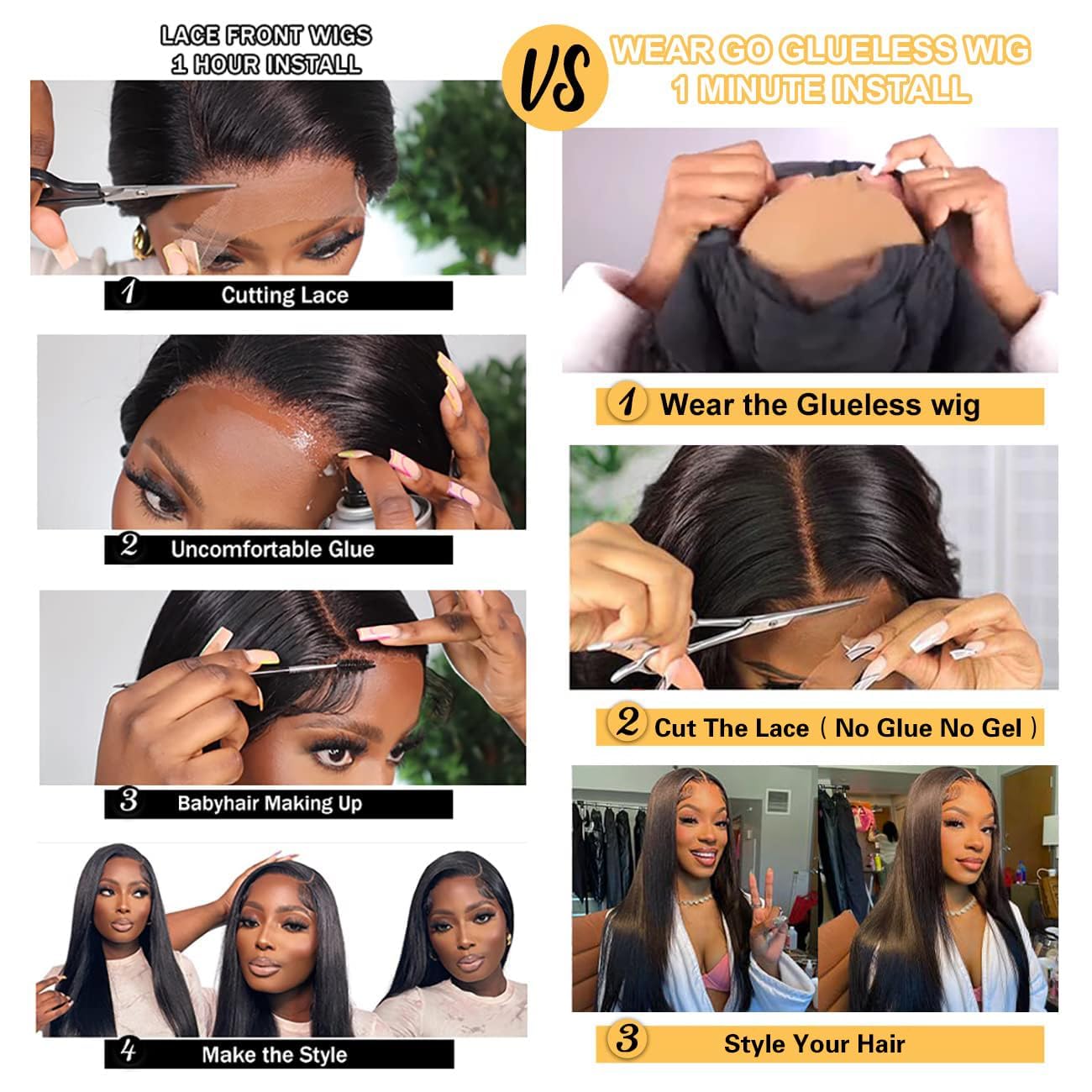 Wear and Go Glueless Bob Wigs Human Hair Pre Plucked Natural Hairline Straight Short Bob Wig 180 Density 4x4 HD Lace Closure Wig Human Hair for Women Brazilian Virgin Hair Natural Black 8 Inch