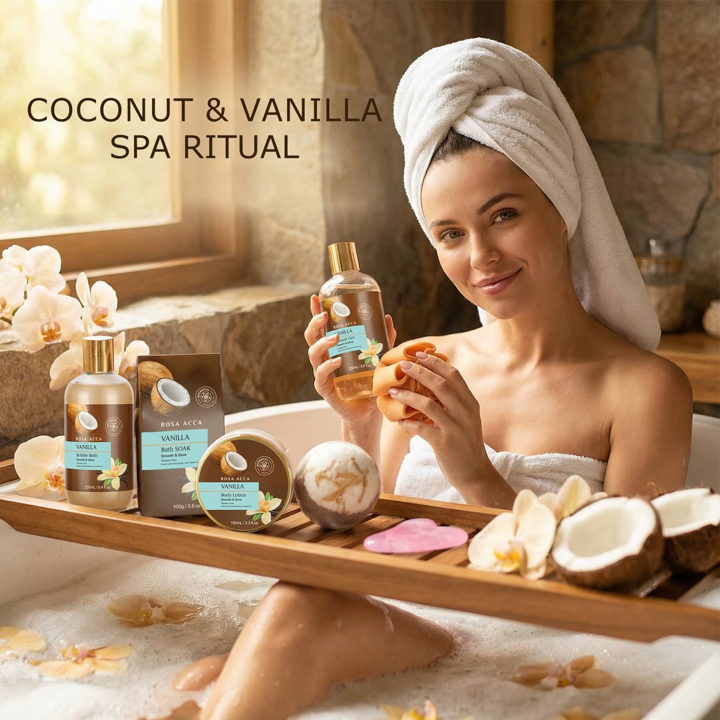 Mothers Day Gifts for Mom, 12pcs Vanilla Coconut Bath and Body Gift Basket Set, Self Care Set, Home Spa Basket Gift, Hydrating Skin Care Set, Anniversary, Birthday, Christmas, Wife