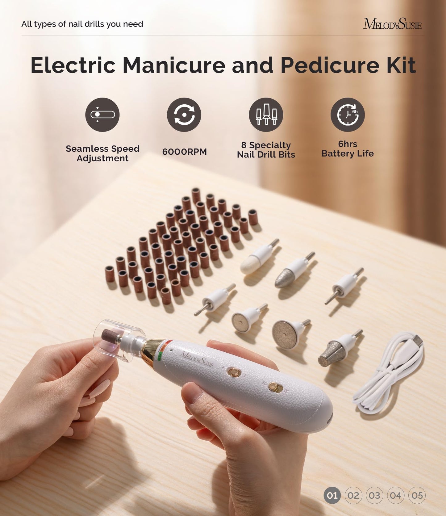 MelodySusie Professional Manicure Pedicure Kit, Cordless 8-in-1 Electric Nail Drill with 20 Speeds, Rechargeable E-File for Thick Nails & Cuticles, Ideal Foot Care for Women Men-PC650E (White Gold)