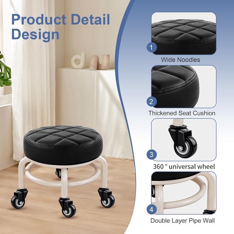 Round Rolling Low Stool - Comfortable PU Leather Swivel Stool with Thick Sponge Cushion | Black Upgrade Edition