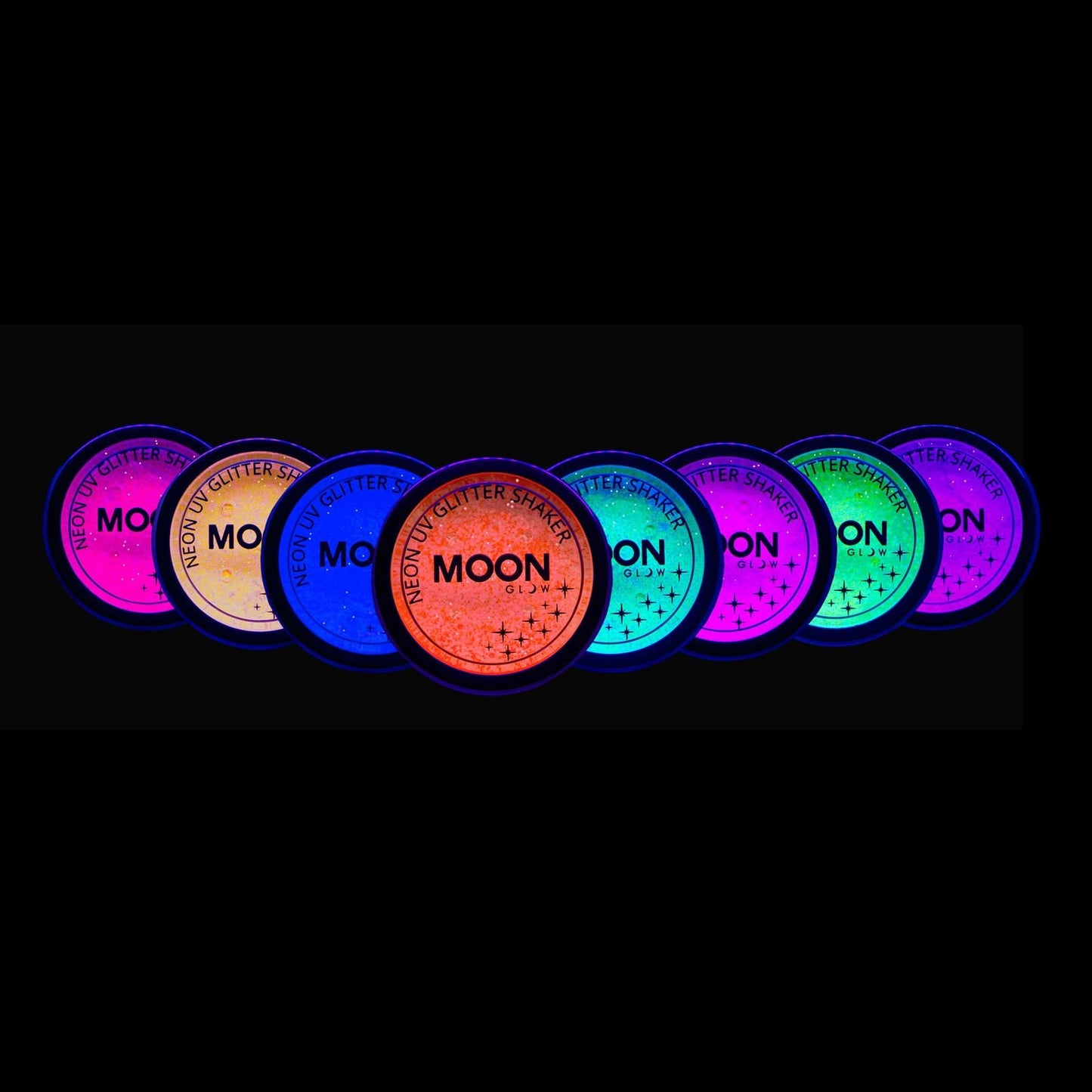 Moon Glow - Blacklight Neon UV Glitter Shaker 0.18oz Set of 8 + Glitter Fix Gel - Glows Brightly Under Blacklights/UV Lighting!