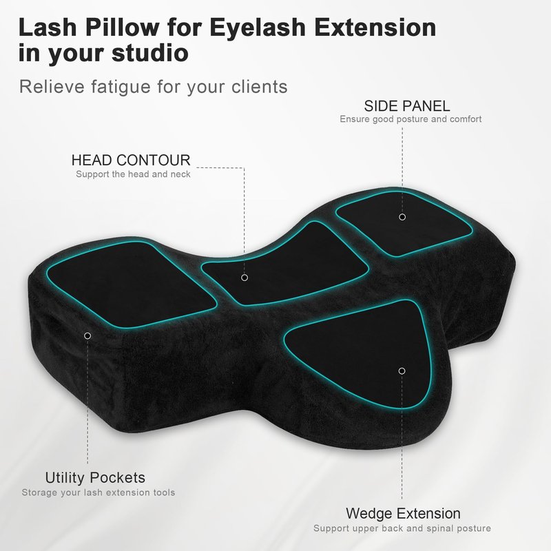 IMENE Lash Pillow for Lash Extensions- Memory Foam Lash Pillows with Neck and Back Support, Ergonomic Lash Bed Pillow with Velvet Pillowcase and Lash Organizer Pockets（Black）