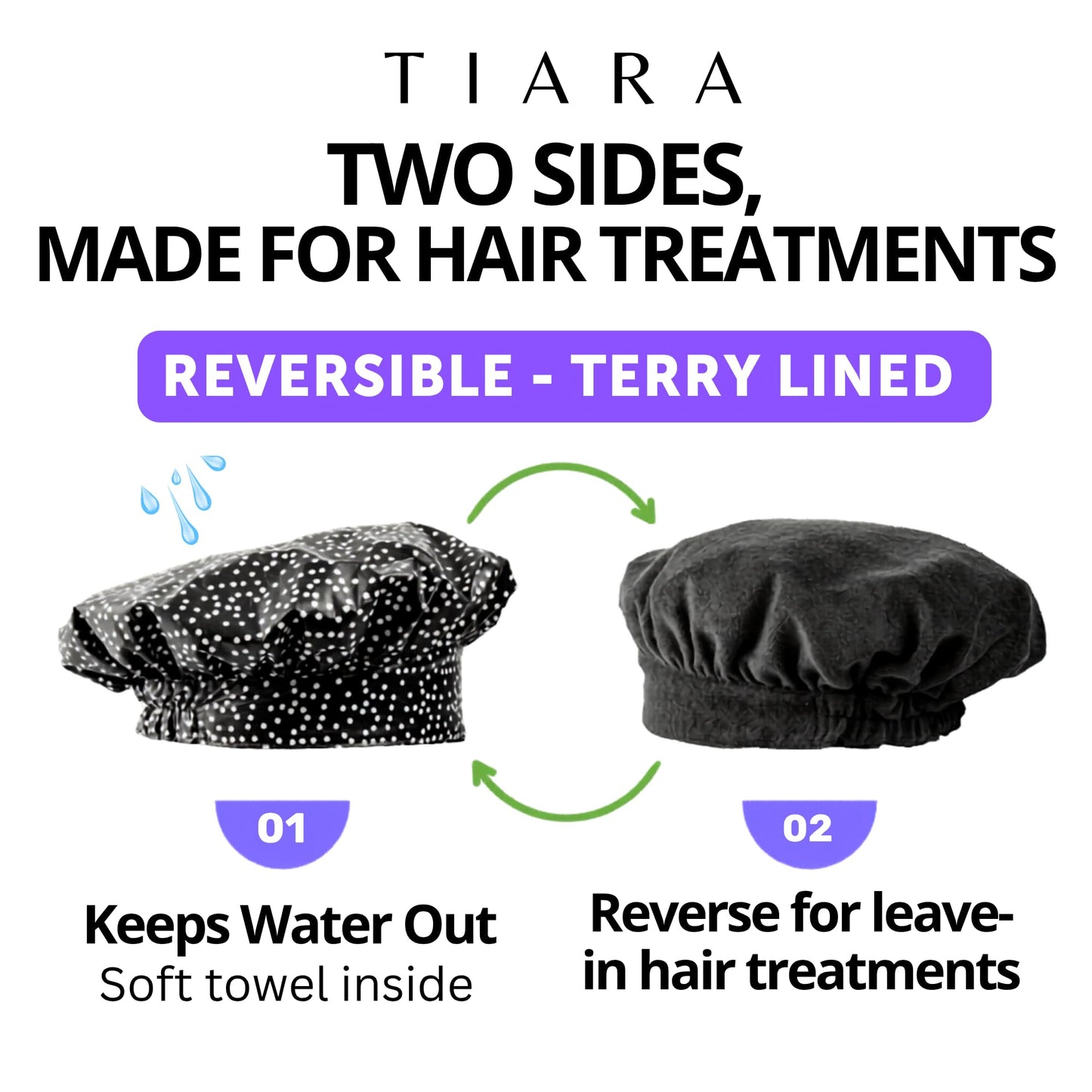 TIARA Reversible, Reusable, Waterproof Shower Cap – Large Shower Cap for Long. Short, Braided, or Thick Hair, Reversible Deep Conditioning Hair Cap, Soft Terry Lined, Machine Washable (Black Dots)