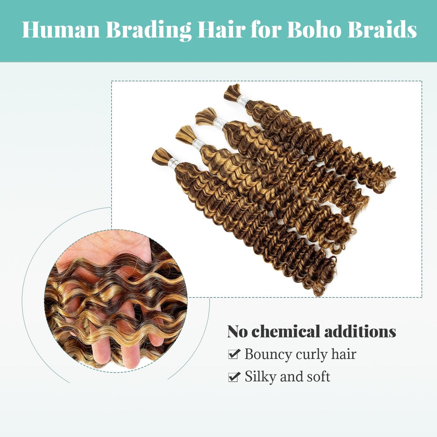 Human Braiding Hair for Boho Braids Deep Water Wave Bulk Human Hair for Braiding Curly Wet and Wavy 4/27 Brown with Honey Blonde Highlight Twist Hair Braiding 14 Inch No Weft 2 Bundles 100G