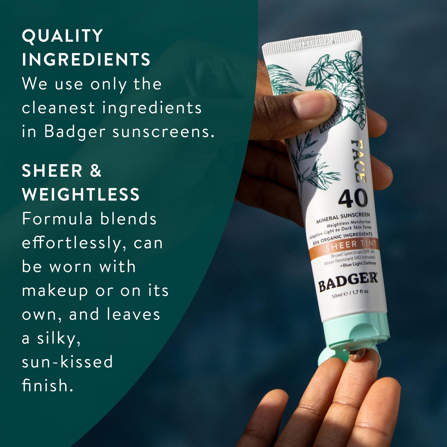 Badger Tinted Sunscreen for Face SPF 40, Lightweight Tinted Mineral Sunscreen w/Sheer Tint Warm Finish for Light or Dark Skin, No White Cast, 80% Organic, Vegan, Water Resistant, Unscented, 1.7 fl oz