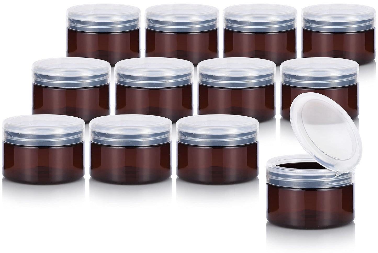 (12 pack) 4 oz Amber PET Plastic Low Profile Jar with Clear Natural Flip Top