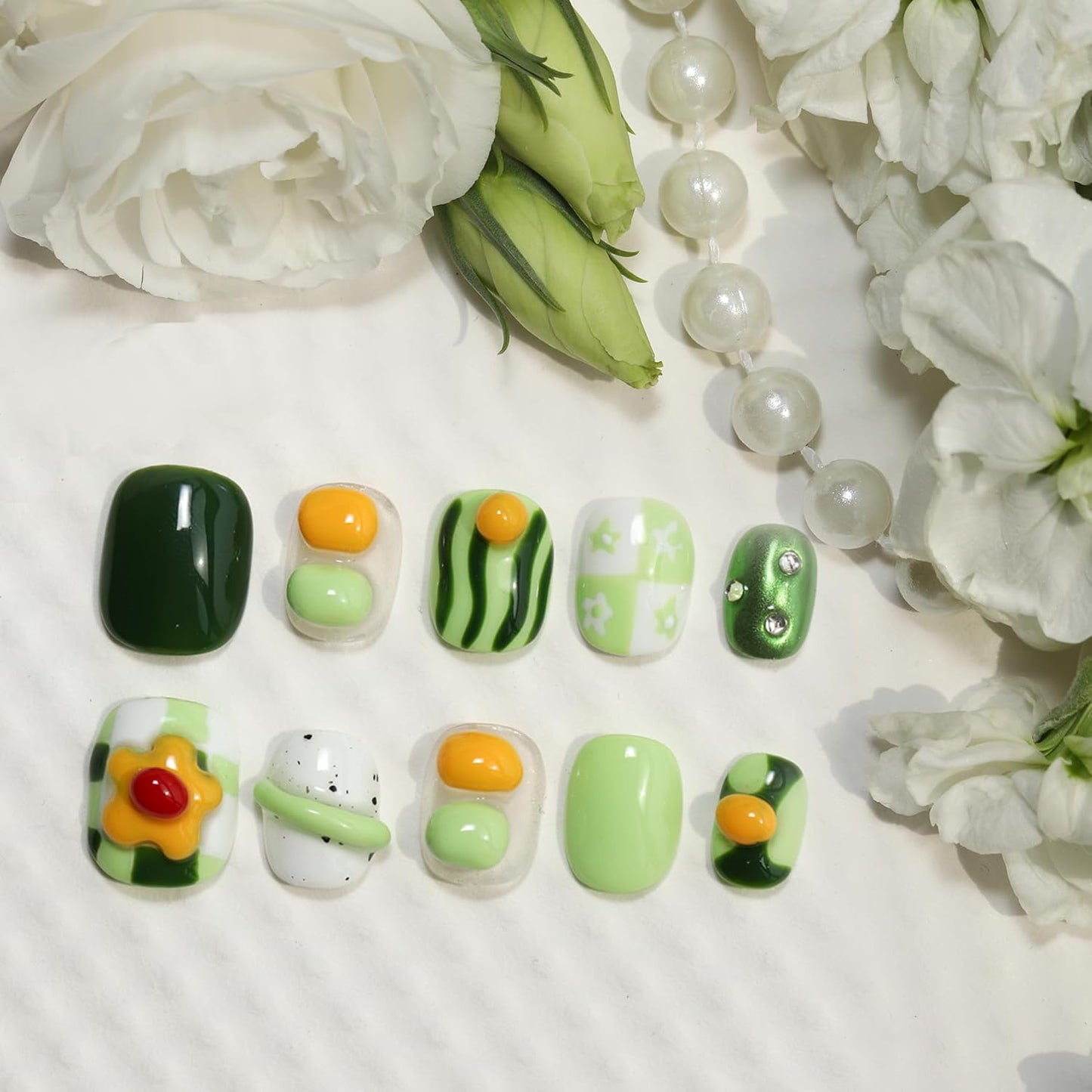 Short Press On Nails - Avocado Color Fruit Nail Art | Handcrafted Reusable Manicure Set for Women