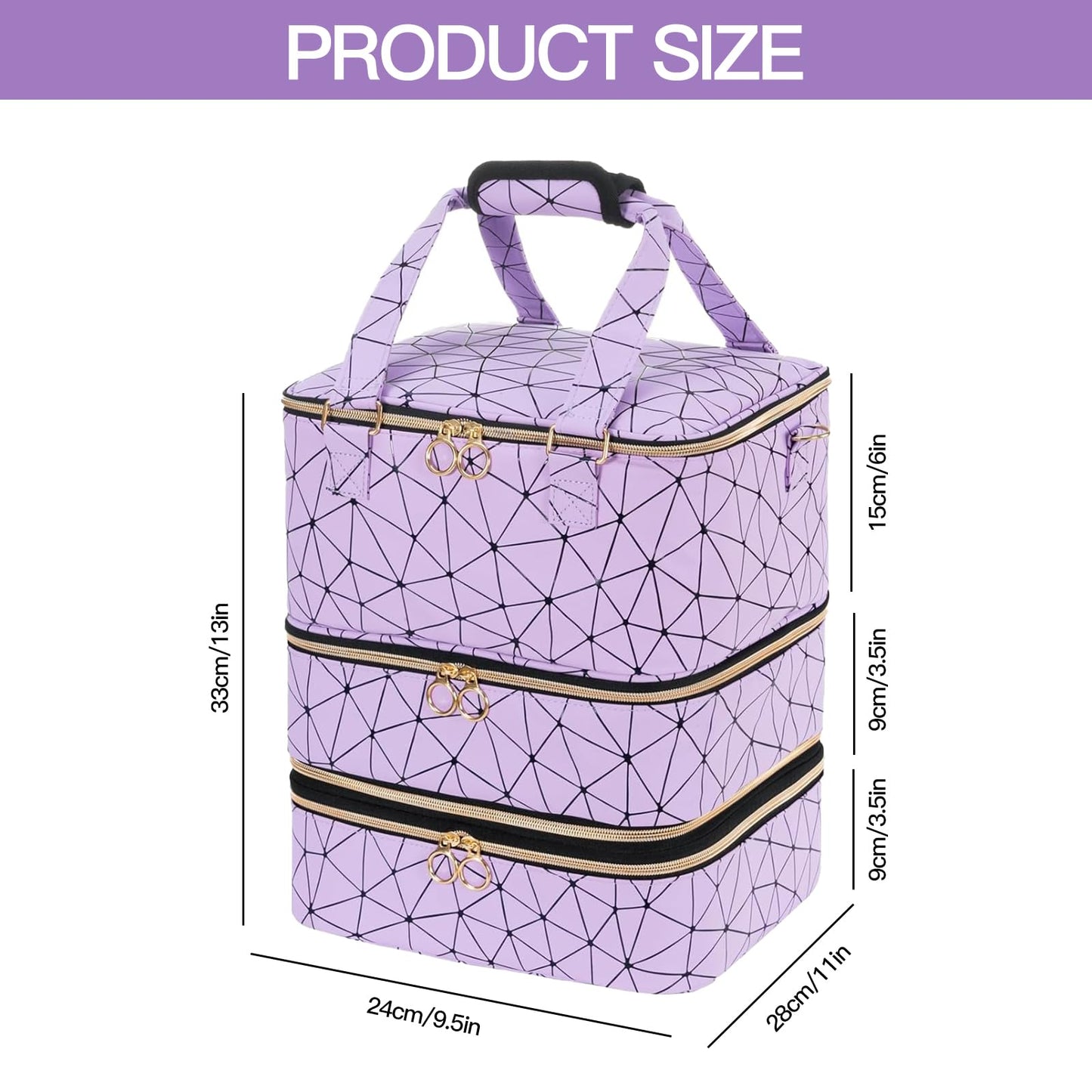 WflamaS 3-Layer Nail Polish Organizer Bag, Holds 84 Bottles and Lamp, Waterproof PU Leather Case with Reinforced Golden Zippers, Portable Nail Tech Travel Bag for Manicure Supplies