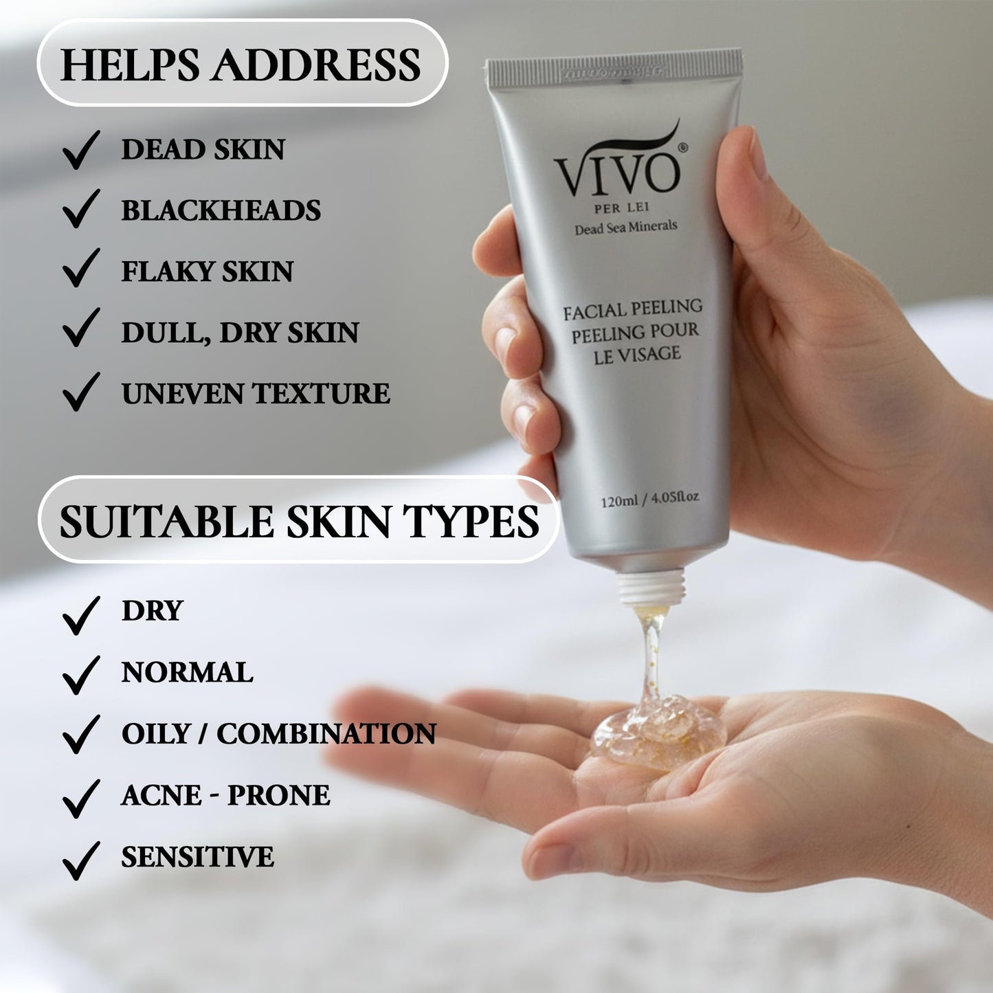 Vivo Per Lei Facial Peeling Gel - Helps Address Dead Skin Buildup - Gentle Exfoliating Gel for Rough, Dry, Sensitive or Mature Skin - Face and Body Scrub - Non Abrasive - 4.05 Fl. Oz.