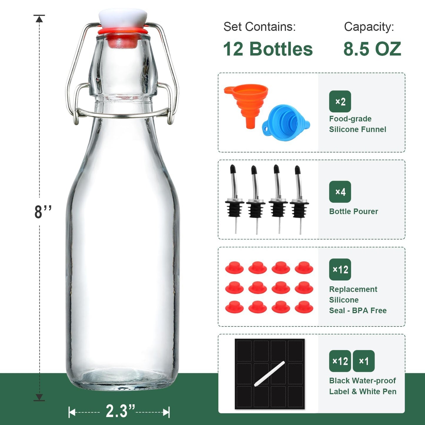 12 Pack 8.5oz Flip Top Glass Bottles, Swing Top Beer Brewing Bottle for 2nd Fermentation, Kombucha, Kefir, Vanilla Extract, Coquito, Juice, Tea - Airtight Stopper Cap Lid, Bonus 4 Bottle Pourers