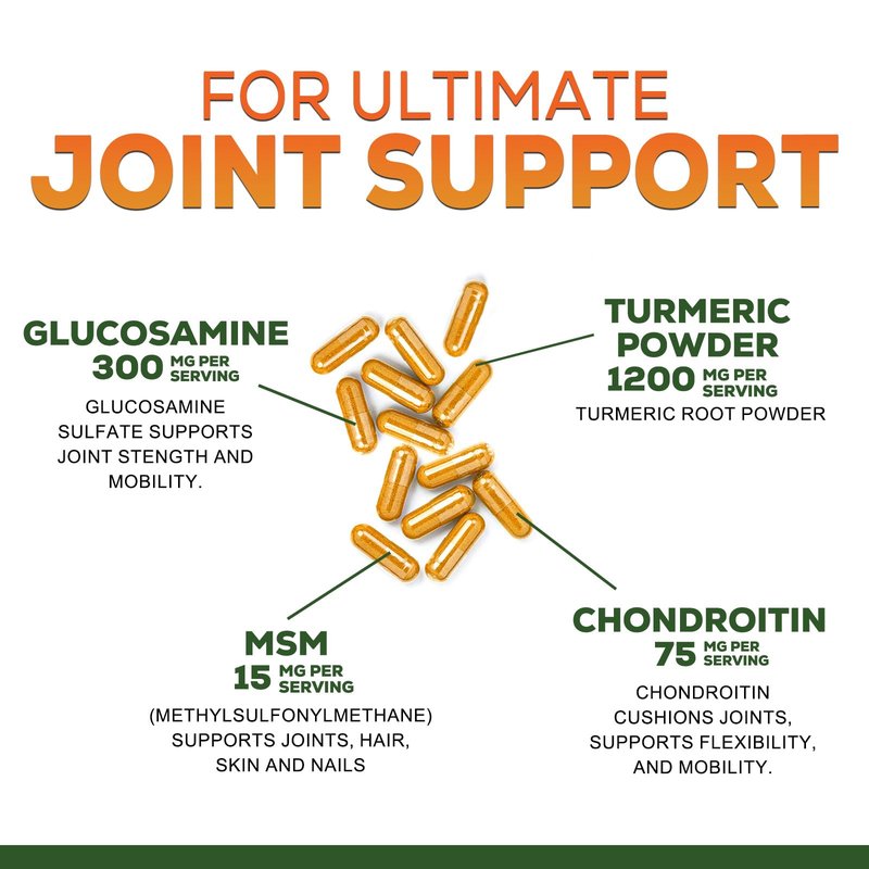 Turmeric Curcumin Supplement - 95% Curcuminoids with Glucosamine, Ginger & MSM, BioPerine Black Pepper Extract for Best Absorption, Natural Vegan Joint Support, Non-GMO, Bottled in USA - 240 Capsules