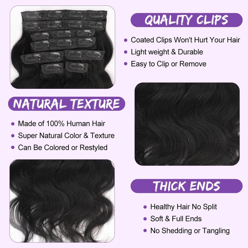 Body Wave Clip in Hair Extensions Real Human Hair 8Pcs 110g/3.9oz 14 Inch Body Wave Clip ins Brazilian Remy Human Hair Extensions for Women Per Set with 20 Clips Double Weft Natural Black