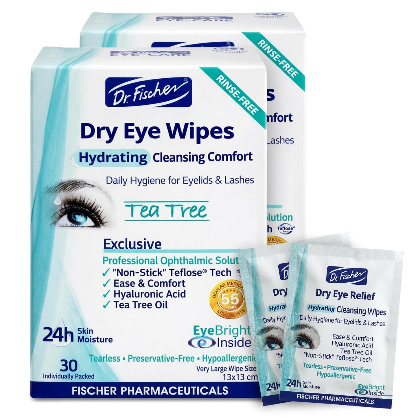 DR. FISCHER Eye-Care Dry, Hydrating Cleansing Wipes-Gentle Eye Wipes for Everyday Eye Cleansing and Hypoallergenic Makeup Remover (60 Wipes)