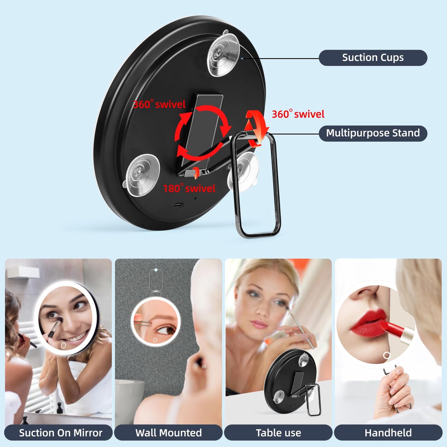 JJhxr 30X Magnifying Mirror with Lights, 6inch Makeup Magnified Mirror 30X Lighted Travel Magnification with 3 Suction Cups and 360° Adjustable Stand- Includes Tweezers & Scissors