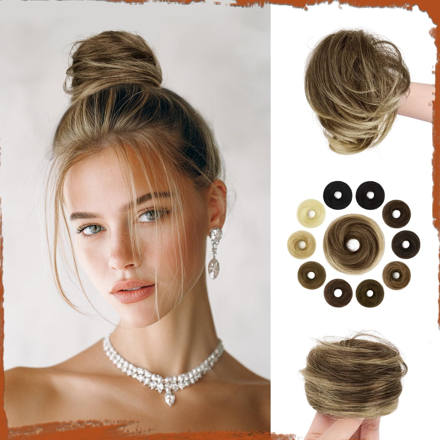 SOFEIYAN Human Hair Bun 100% Real Human Hair 16g Messy Bun Natural Tousled Stretchy Fluffy Donut Updo Elegant Chignon with Elastic Rubber Band Fake Bun Hair Piece for Women - Brown Mixed Light Blonde